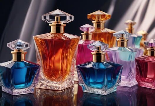 Various perfume bottles arranged artistically with soft lighting and elegant shadows