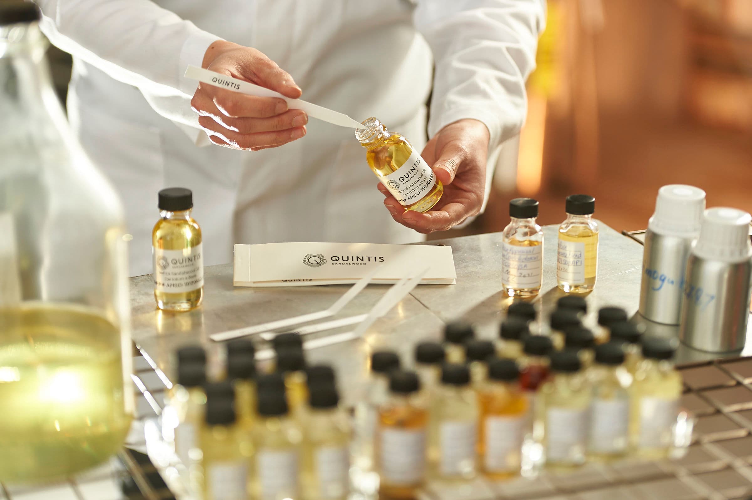 Sandalwood blocks and essential oil bottles in an artisanal perfumer's workshop