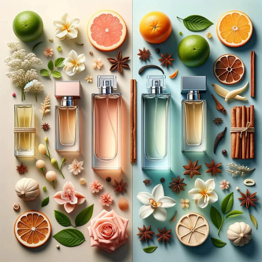 Split image showing summer and winter fragrance collections with seasonal elements